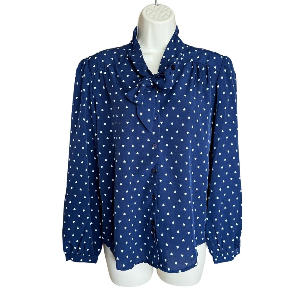 Tulip B Unique Vintage Navy White Heart Tie Long Sleeve Blouse M NWT